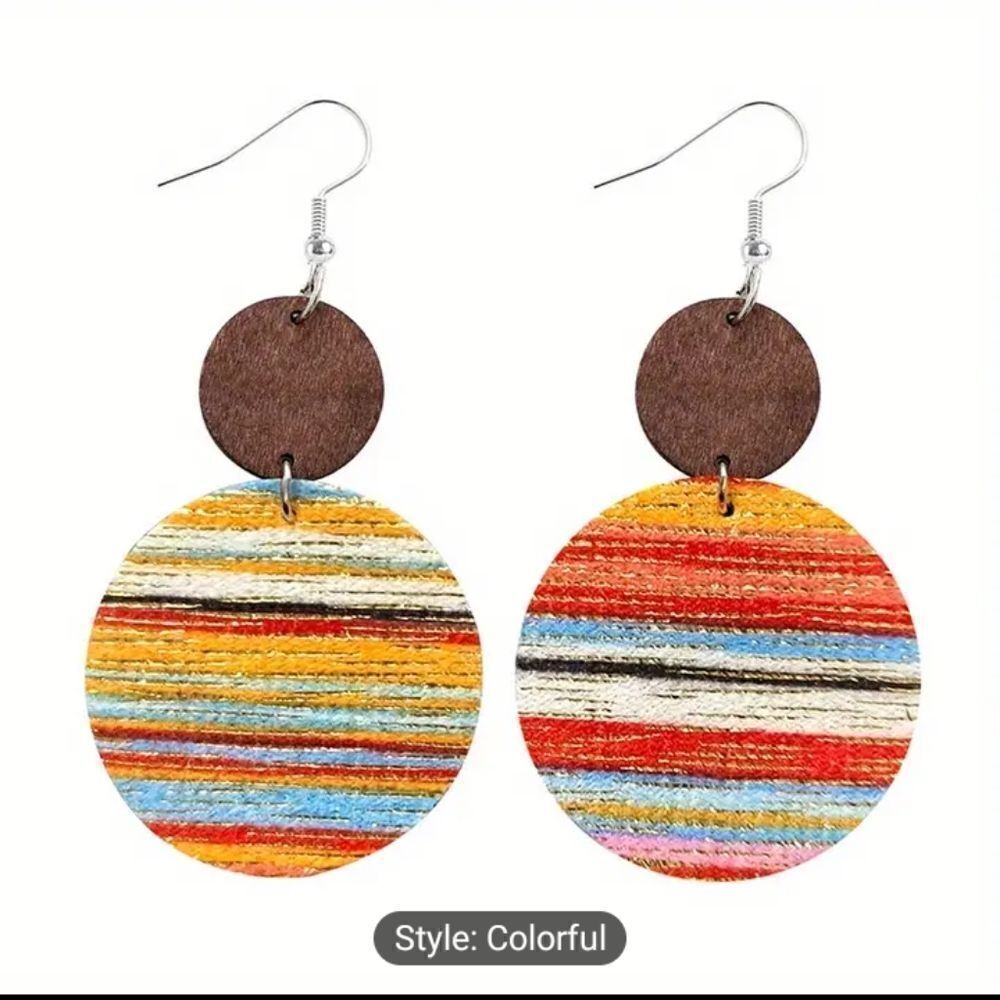 Women's earrings dangle wooden suede velvet circle new e3